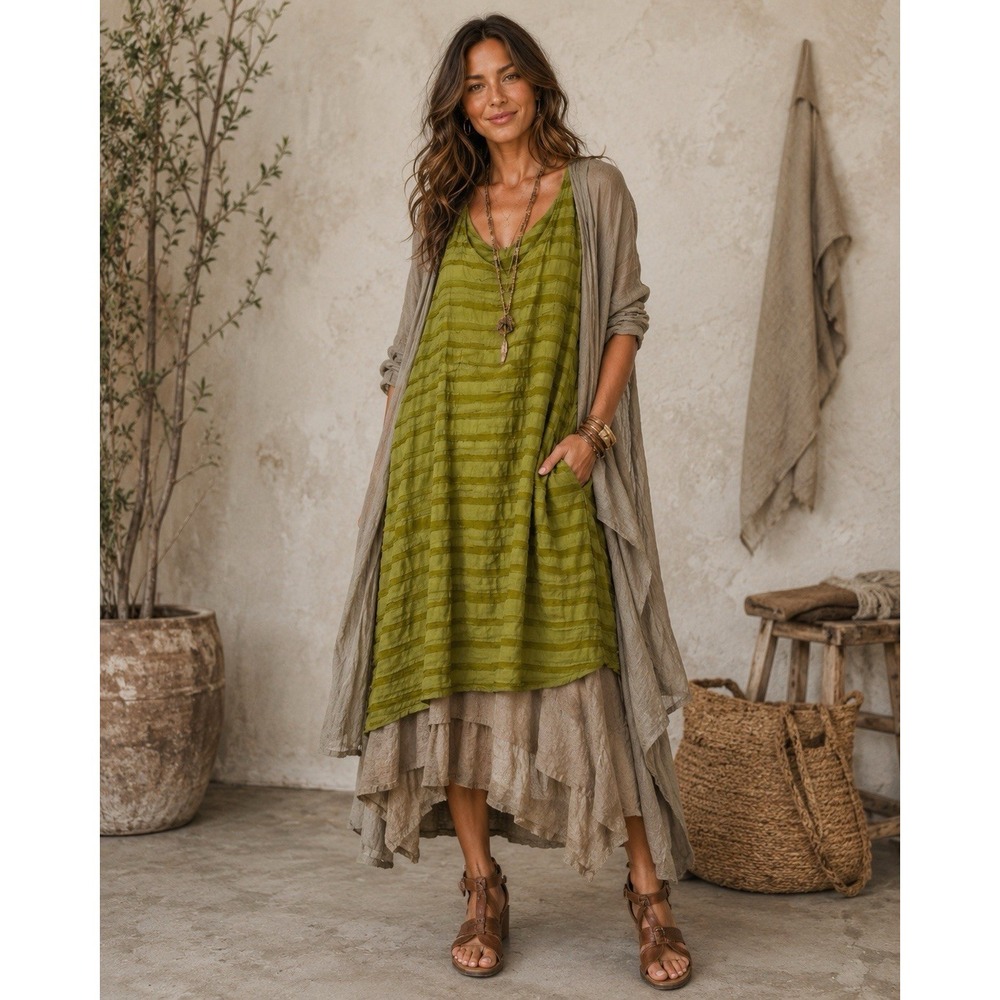 Cut Loose Womens S Lagenlook Olive Stripe Swing Dress Artsy Boho Textured Tunic